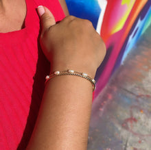 Load image into Gallery viewer, 18k Gold Filled Double Bracelet with Cuff Bangle &amp; Dainty pearl Satellite Bracelet
