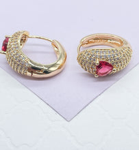 Load image into Gallery viewer, 18k Gold Filled Chunky Pave Huggies Earrings With 3 Different Colorful Stone in Center

