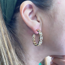 Load image into Gallery viewer, 18k Gold Filled Open Puffy Mariner Link Hoop Earring Patterned With Pave Link Pieces

