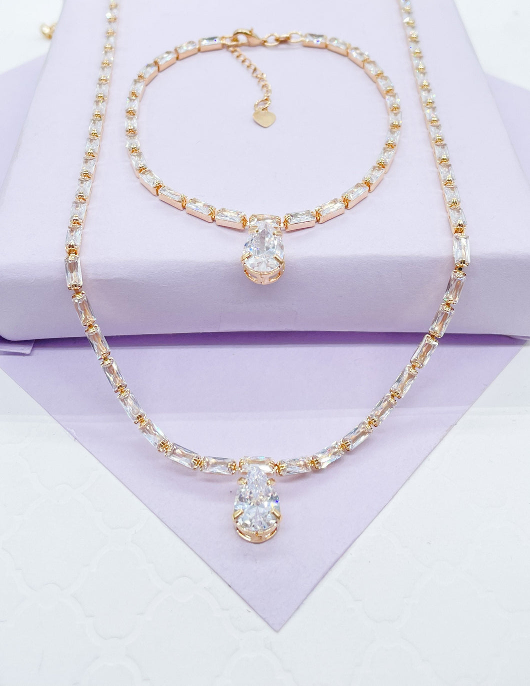 18k Gold Filled Baguette &Pear Shaped CZ Stone Set