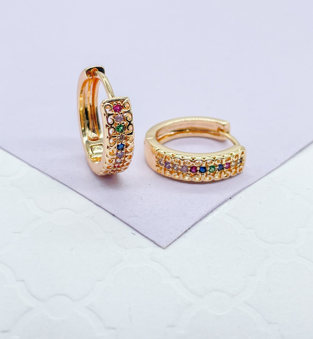 18k Gold Filled Colorful Single Row Pave Huggie Hoop Earrings