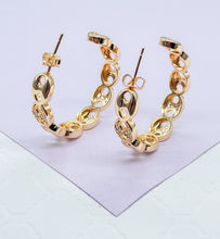 Load image into Gallery viewer, 18k Gold Filled Open Puffy Mariner Link Hoop Earring Patterned With Pave Link Pieces
