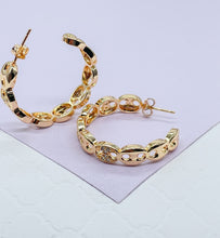 Load image into Gallery viewer, 18k Gold Filled Open Puffy Mariner Link Hoop Earring Patterned With Pave Link Pieces
