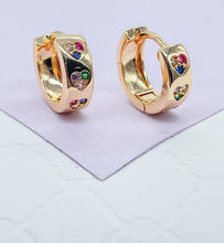 Load image into Gallery viewer, 18k Gold Filled Huggie Earring With Colorful Stoned Hearts
