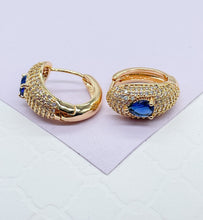 Load image into Gallery viewer, 18k Gold Filled Chunky Pave Huggies Earrings With 3 Different Colorful Stone in Center
