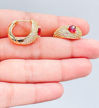 Load image into Gallery viewer, 18k Gold Filled Chunky Pave Huggies Earrings With 3 Different Colorful Stone in Center
