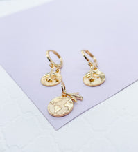 Load image into Gallery viewer, 18k Gold Filled World Map Medallion Set, Airplane earrings, travel gift
