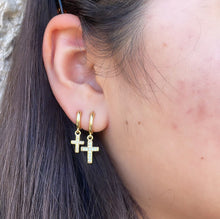 Load image into Gallery viewer, 18k Gold Filled 2 Dangling Pave Cross Hoop Earrings
