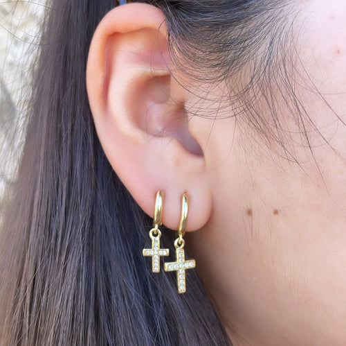18k Gold Filled Set Of 2 Dangling Pave Cross Hoop Earrings