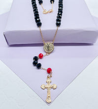 Load image into Gallery viewer, 18k Gold Filled Black and Red Beaded Rosary With San Benito Charm And Cross
