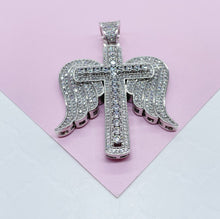 Load image into Gallery viewer, 18k Gold &amp; Silver Filled CZ Pave Zirconia Open Angel Wings Angel featuring a Stone Cross in the Center
