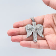 Load image into Gallery viewer, 18k Gold &amp; Silver Filled CZ Pave Zirconia Open Angel Wings Angel featuring a Stone Cross in the Center
