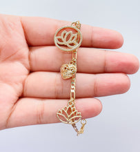 Load image into Gallery viewer, 18k Gold Filled Figaro Link Bracelet With Lotus Flower Heart and Leaf Charms
