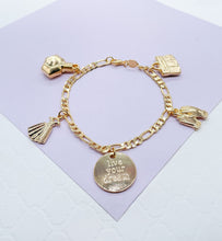 Load image into Gallery viewer, 18k Gold Filled Figaro Link Charm Bracelet With Girly and Encouragement Charms
