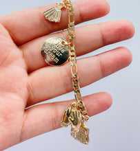 Load image into Gallery viewer, 18k Gold Filled Figaro Link Charm Bracelet With Girly and Encouragement Charms
