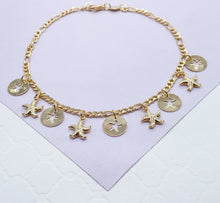Load image into Gallery viewer, 18k Gold Filled Figaro Link Anklet With Star Fish Charms
