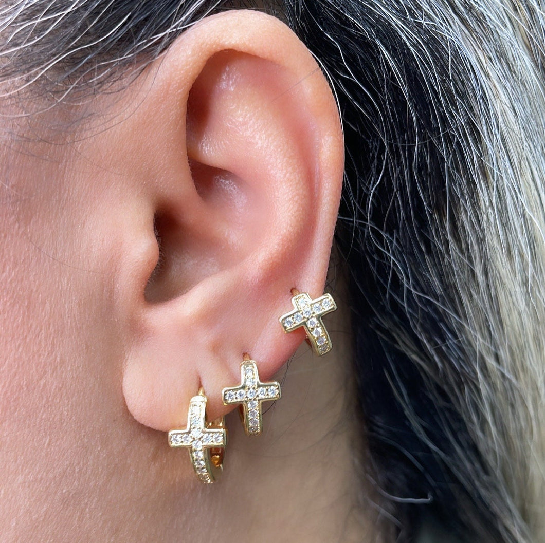 18k Gold Filled Set of 3 Cross Huggie Earrings