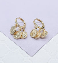 Load image into Gallery viewer, 18k GoldFilled Small Hoop With Dangling Medallion Charms, Rome Emperor Coin, Vintage Medalion
