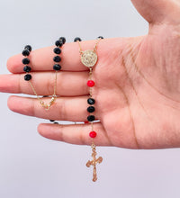 Load image into Gallery viewer, 18k Gold Filled Black and Red Beaded Rosary With San Benito Charm And Cross
