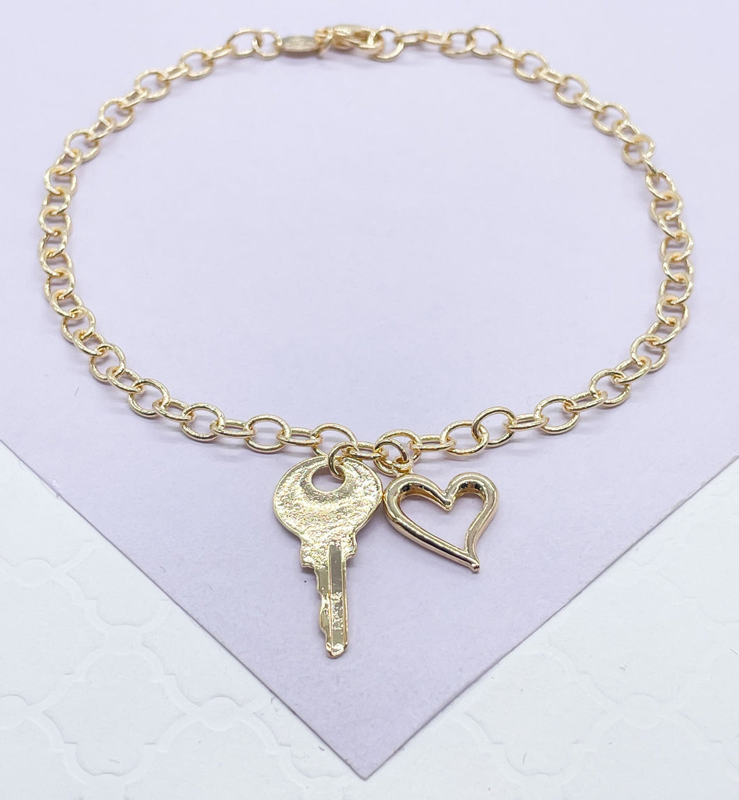 18k Gold Filled Dainty Curb Link Anklet With Heart and Key