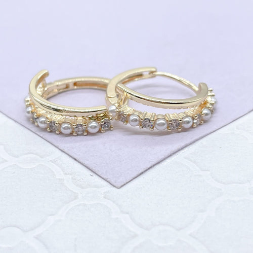 18k Gold Filled Double Rowed Hoop Earring With Pearl and CZ & Plain Smooth Rows
