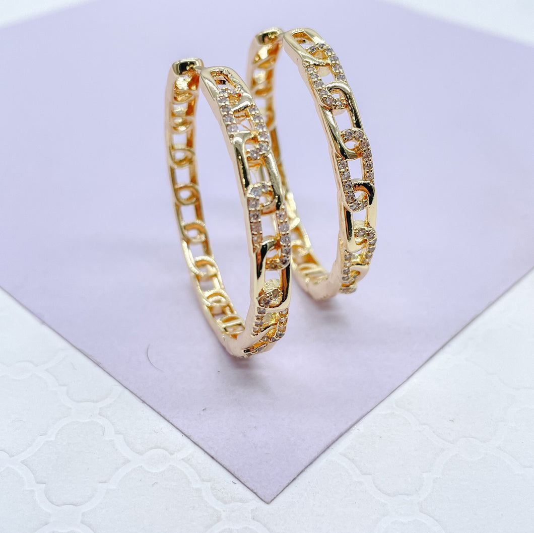 18k Gold Filled Slim Link Hoops Patterned With CZ Stones