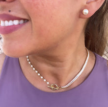 Load image into Gallery viewer, 18k Gold Filled Half Baguette Tennis &amp; Half Pearl Necklace Chain Choker
