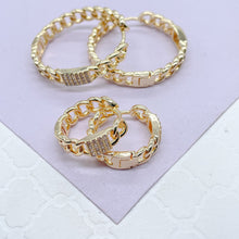 Load image into Gallery viewer, 18k Gold Filled Plain Curb Link Hoop With Patterned CZ Pave Cube
