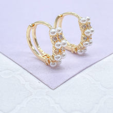 Load image into Gallery viewer, 18k Gold Filled Paired Pearl Beaded Earring With Patterned CZ Stone
