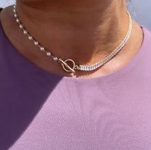 Load image into Gallery viewer, 18k Gold Filled Half Baguette Tennis &amp; Half Pearl Necklace Chain Choker

