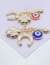 Load image into Gallery viewer, 18k Gold Filled Figa Hand Charm: Clover, Horseshoe, Evil Eye Pendant
