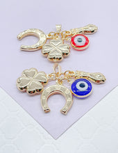 Load image into Gallery viewer, 18k Gold Filled Figa Hand Charm: Clover, Horseshoe, Evil Eye Pendant
