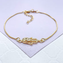 Load image into Gallery viewer, 18k Gold Filled Dainty Box Chain Bracelet with CZ Hamza Hand Charm
