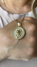 Load image into Gallery viewer, 18k Gold Filled Lion Head Medallion Pendant: Engraved Emerald Eyes
