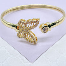 Load image into Gallery viewer, 18k GoldFilled Smooth Plain Cuff Bracelet With Large CZ Butterfly &amp; Zirconia Stone Ends
