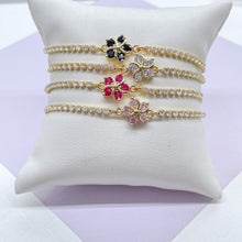 Load image into Gallery viewer, 18k Gold Filled Adjustable Tennis Bracelet With CZ Flower Charm In Center
