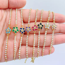 Load image into Gallery viewer, 18k Gold Filled Adjustable Tennis Bracelet With CZ Flower Charm In Center
