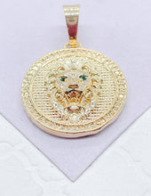 Load image into Gallery viewer, 18k Gold Filled Lion Head Medallion Pendant: Engraved Emerald Eyes
