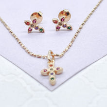 Load image into Gallery viewer, 18k Gold Filled Colorful Dainty Cross Charm &amp; Earrings, Birthday Gift, Jewlery For Her, Faith Jewelry
