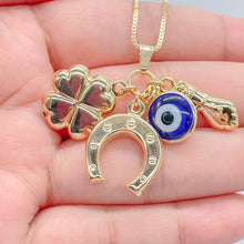 Load image into Gallery viewer, 18k Gold Filled Figa Hand Charm: Clover, Horseshoe, Evil Eye Pendant

