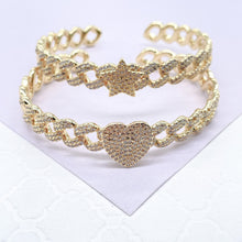 Load image into Gallery viewer, 18k Gold Filled Pave Link Bracelet: Heart &amp; Star Cuff
