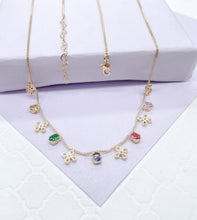 Load image into Gallery viewer, 18k Gold Filled Dainty Box Chain Choker With Colorful CZ and Flower Charms
