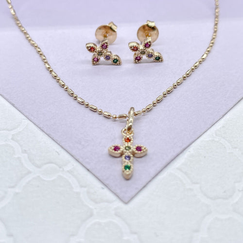 18k Gold Filled Colorful Dainty Cross Charm & Earrings, Birthday Gift, Jewlery For Her, Faith Jewelry
