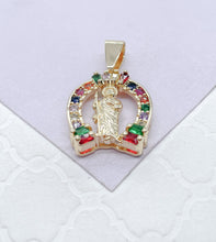Load image into Gallery viewer, 18k Gold Filled Saint Jude Charm Colorful Baguette and Round CZ Charm
