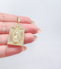 Load image into Gallery viewer, 18k Gold Filled Guadalupe Medallion Charm with CZ Stones
