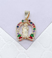 Load image into Gallery viewer, 18k Gold Filled Saint Jude Charm Colorful Baguette and Round CZ Charm
