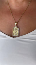 Load image into Gallery viewer, 18k Gold Filled Medallion Charm with Guadalupe Center Piece with Mini Cross on Top Crowned with CZ Stones

