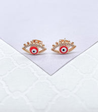 Load image into Gallery viewer, 18k Gold Filled Evil Eye Studs Crowned With Stones and Mini Lashes
