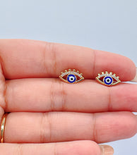 Load image into Gallery viewer, 18k Gold Filled Evil Eye Studs Crowned With Stones and Mini Lashes
