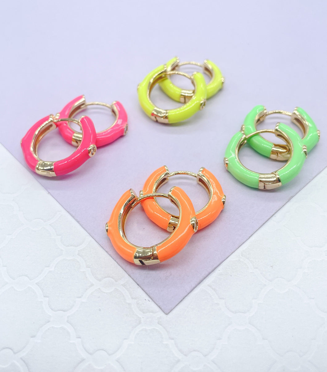 18k Gold Filled, Colorful Huggie Hoops With Engraved Stones Available in 8 Colors